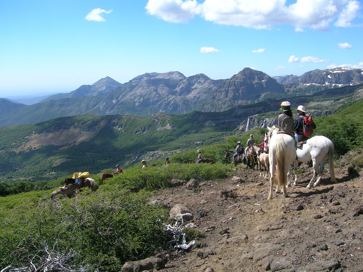 A group of horseback riders traverses a scenic mountain trail, with lush green vegetation framing the path. Majestic mountains rise in the background, partially covered by clouds. The diverse landscape presents an inviting atmosphere for outdoor activities.