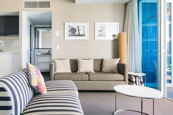 Comfortable living area and direct access to the balcony overlooking the Resort and the Beach. Television and DVD with an extensive library available in the apartment. A sofa bed, suitable for adults and kids is available for a nominal fee. Just ask!