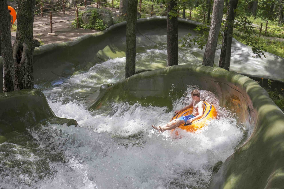 A water slide meanders through a forested area, with flowing water surrounding a person on an inner tube. The slide features gentle curves, and water splashes create a lively atmosphere. Tall trees provide shade along the path, enhancing the natural setting.