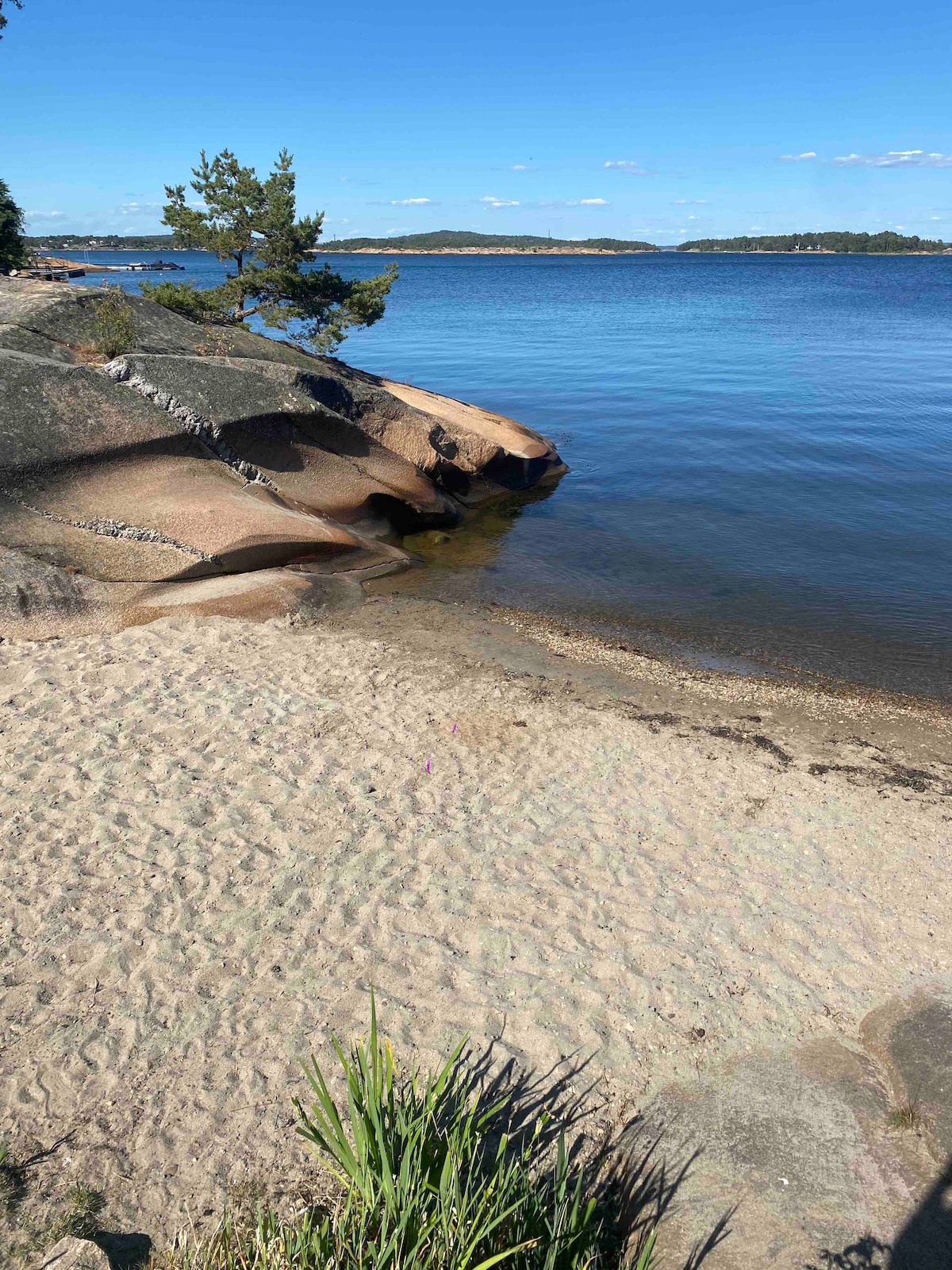 A serene shoreline is depicted, featuring soft sand and gentle waves lapping at the rocks. Vegetation, including grass and a small tree, borders the area, while calm blue waters extend towards distant islands under a clear sky.