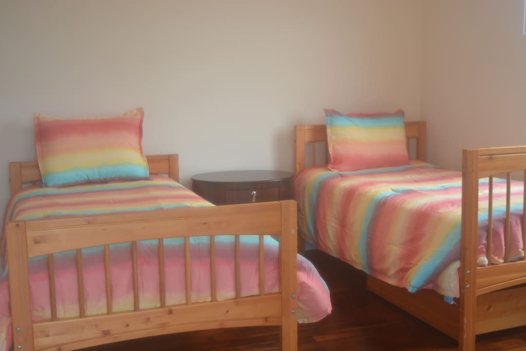 Twin beds, perfect for kids, or, they can be put together to make a king bed