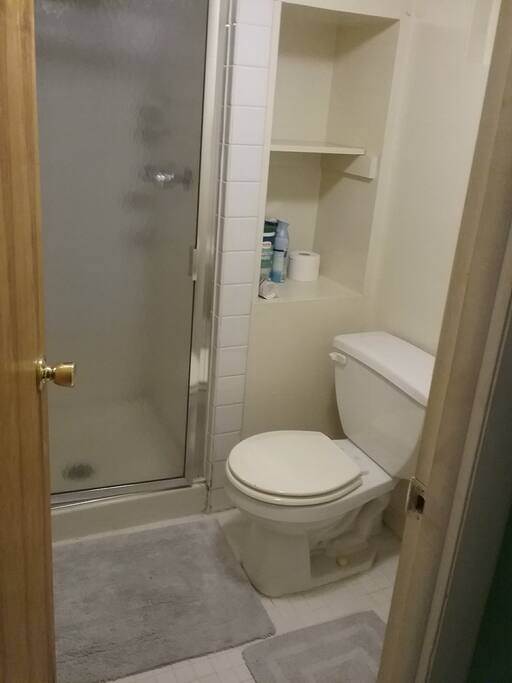 Bathroom with upright shower (there is also small sink next to the toilet that is not visible in ppicture)