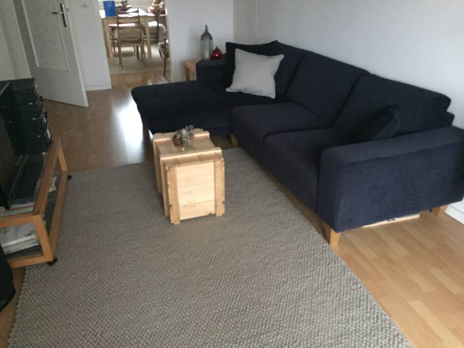 Das Wohnzimmer. Gemütliche Couch, Fernseher und Musik-Anlage für iPhone etc.