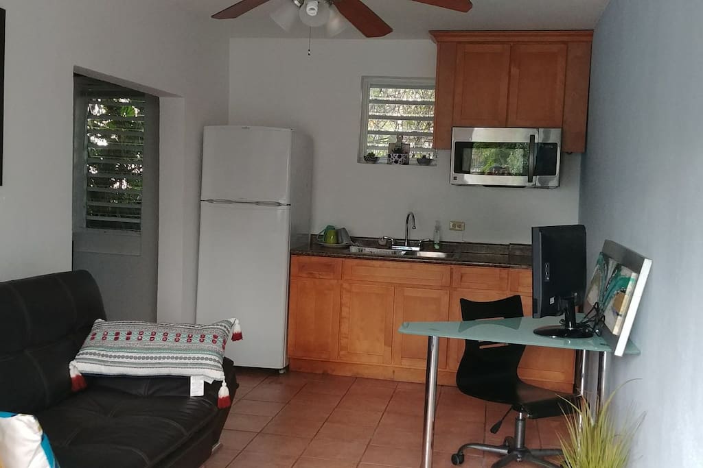 living room and kitchen with full futon/sofa