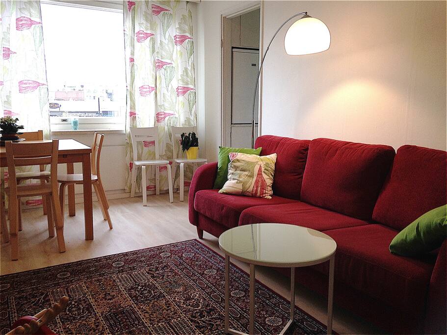 A large living room with a new 120 cm wide bed, a comfortable sofa bed (140cm wide), TV and an extendable dining table which seats 1-6 people.