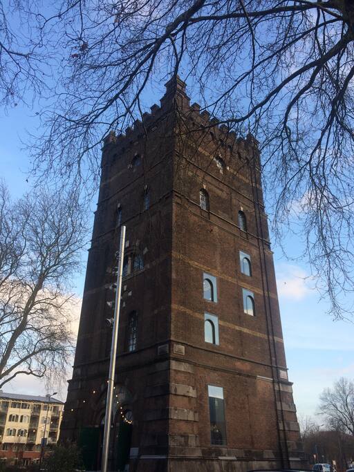 The Water Tower and Herman’s Café by the foot of our house