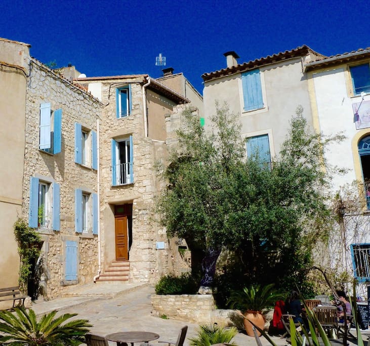 Our home: No 1 Le Place, in the quiet corner of the lovely village square. Bages is located on the water between Narbonne and Collioure