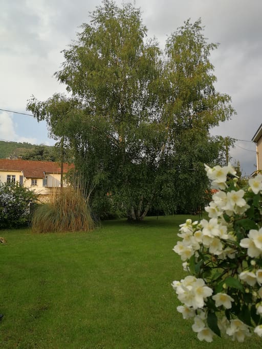 L'entrée de la maison, avec la partie "balançoire" du jardin.