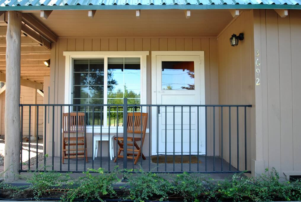 Seating area in front of cabin