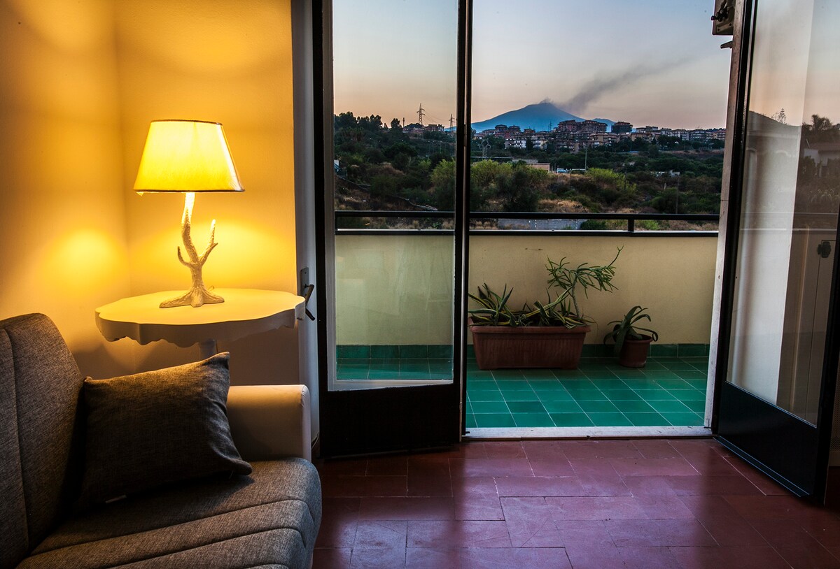 A cozy living area is featured, showcasing a soft gray sofa beside a slim, illuminated lamp. A sliding glass door opens to a balcony, revealing a scenic view of the surrounding landscape and the distant volcano. Potted plants are arranged along the balcony edge.