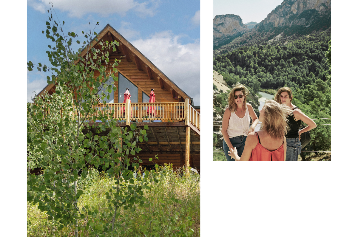 A mountaintop suite at the top of a Denver, Colorado hill in Golden Gate Canyon. Private and remote, in all the best ways. A modern retreat in wild environs. The second image is a group lifestyle shot of four young adults basking in the sun of a rocky mountain scenic point.
