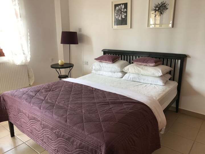 غرفة نوم أساسية مع مراوح سقف مكيف الهواء المؤدية مباشرة إلى حمام السباحة 