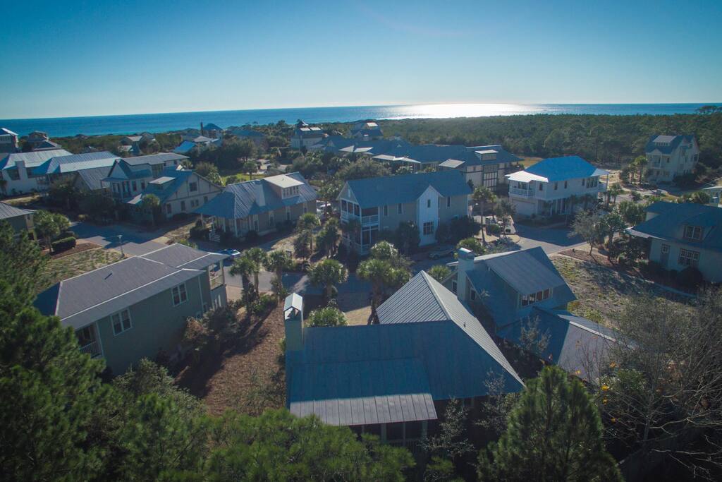 Aerial view directly behind our home.