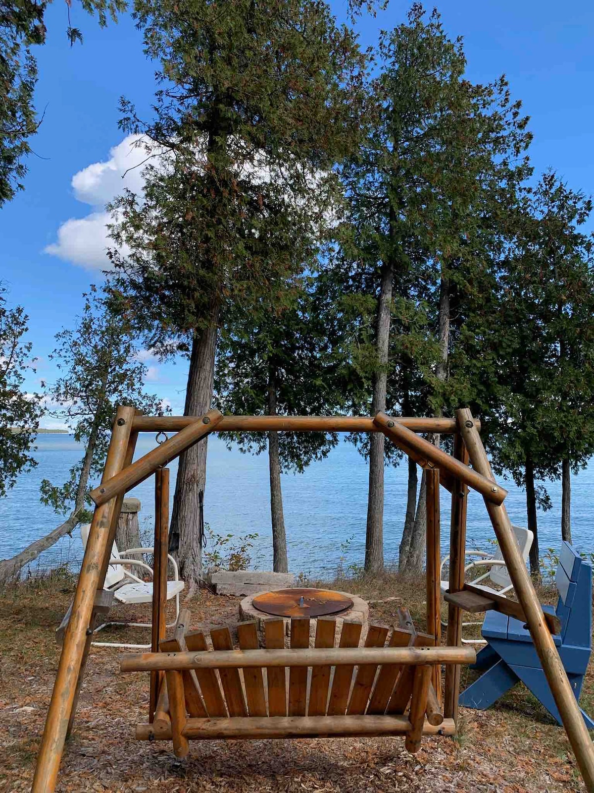 A rustic wooden swing is positioned near a serene lake, surrounded by tall cedar trees. Nearby, white Adirondack chairs offer a comfortable spot to enjoy the water views. Clear skies above reflect a peaceful outdoor setting.