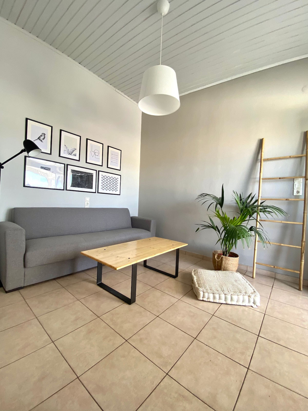 A cozy living space features a modern gray sofa positioned against a light-toned wall adorned with framed artworks. A wooden coffee table sits in front of the sofa, accompanied by a small potted plant. A soft area rug is placed nearby, adding texture to the room.
