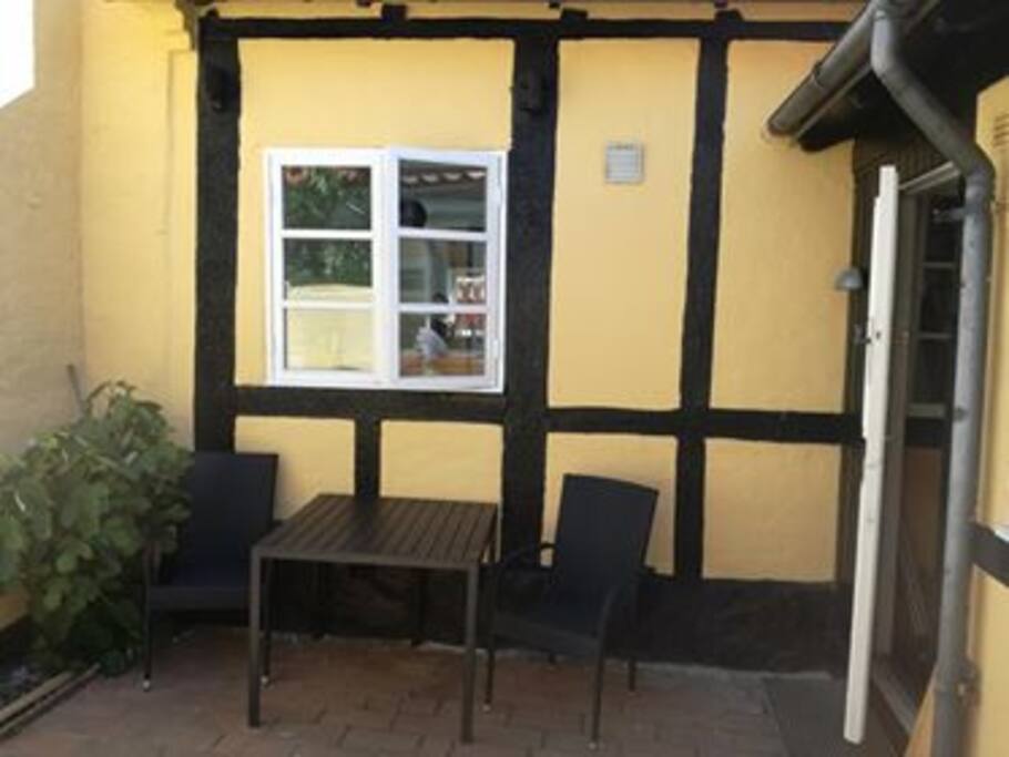 hyggelig gårdhave med figentræ