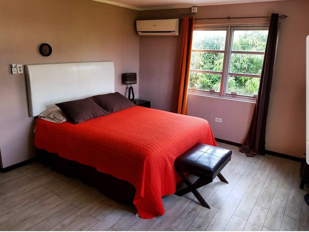 A cozy bedroom features a queen size bed draped in a bright orange coverlet, complemented by earthy-toned pillows. A small black bench sits at the foot of the bed. Natural light enters through a large window framed by curtains, with greenery visible outside.