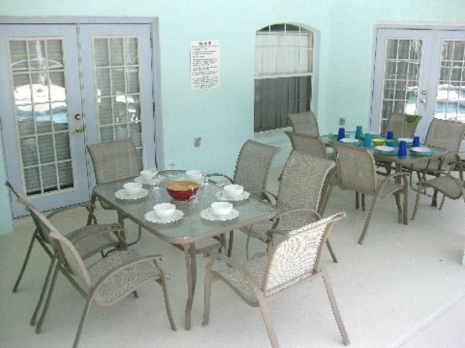 Spacious lanai ( An area under the roof - so stays dry and provides much needed shade in the summer period) Ample outdoor dining space- - two tables to seat 12 people - home has high chair - pack and play- strollers - crib.