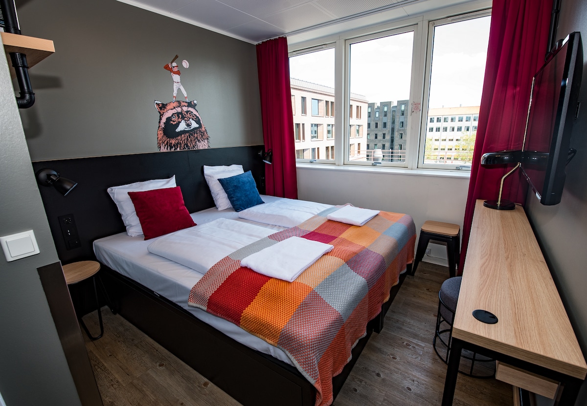 A bright room features a spacious bed with colorful cushions and a textured blanket. Large windows allow natural light to fill the space. A playful wall mural adds character, while a small desk with a lamp and a television enhance the modern design.