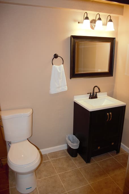 Spacious bathroom with heater