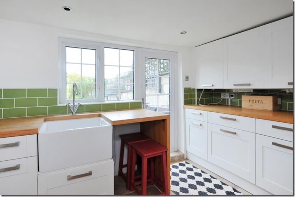 Kitchen area (no cooker), microwave, fridge, kettle, toaster