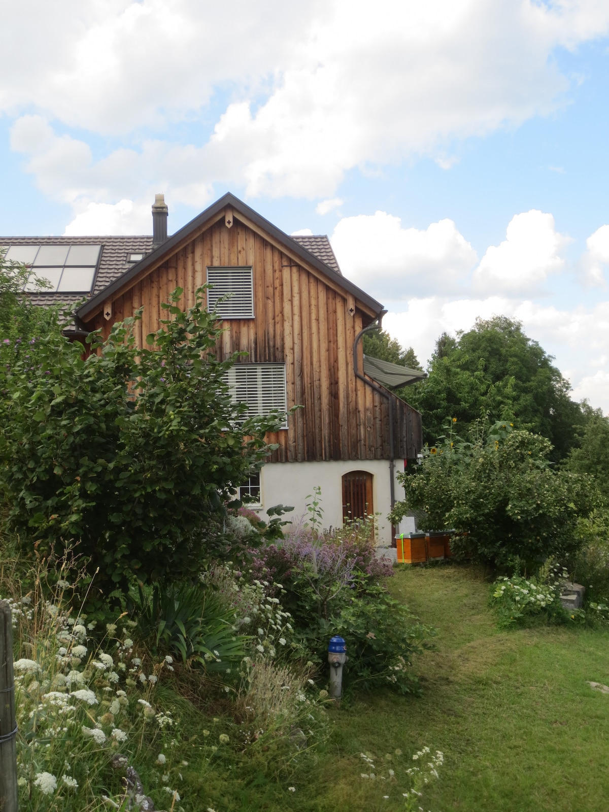 A charming exterior is presented, showcasing a two-story house with a wooden façade and a white lower section. Lush greenery surrounds the building, with colorful flowers and plants dotting the landscape. A clear blue sky with scattered clouds enhances the rural setting.