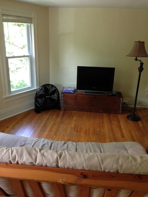 Large flat screen tv, air conditioner and futon couch in the living room
