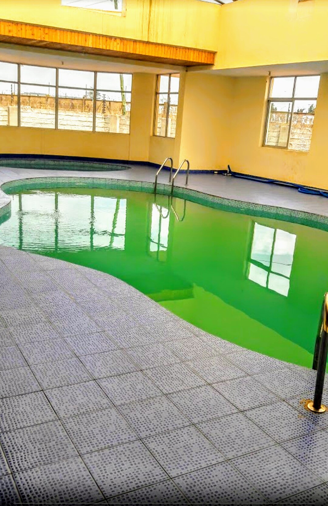 An indoor swimming pool features gently curved edges and a textured tiled surface. The water appears calm and reflective, complemented by large windows that fill the space with natural light. Bather's steps lead into the pool, enhancing accessibility.