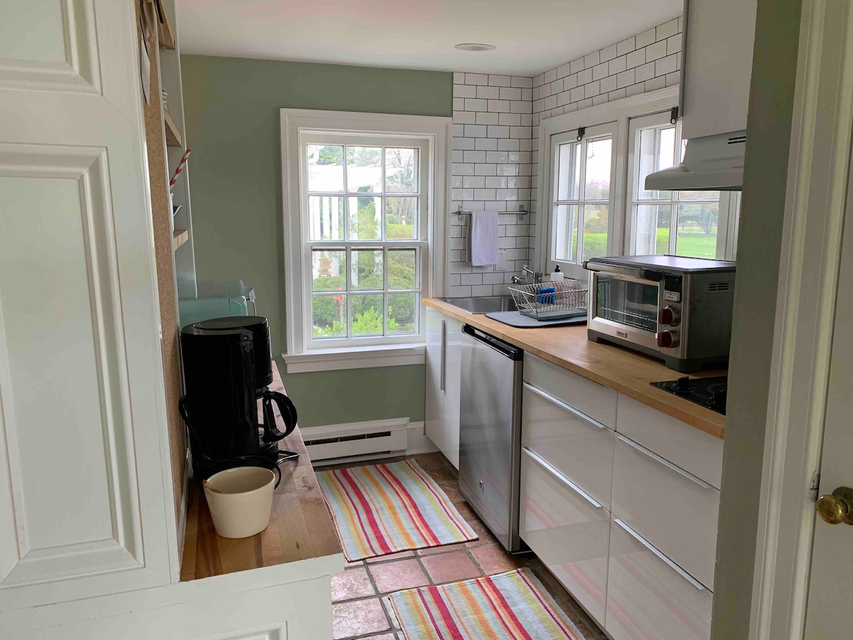 A functional kitchen area is highlighted with modern appliances and a wooden countertop. A spacious window allows natural light to brighten the space, while a colorful striped rug adds a touch of warmth. Coffee maker and toaster are visible, along with a clean and organized layout.