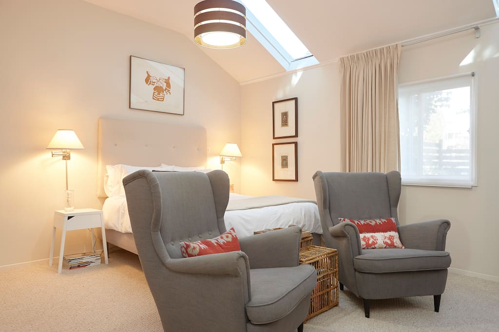 Sunny suite, two skylights, vaulted ceiling.