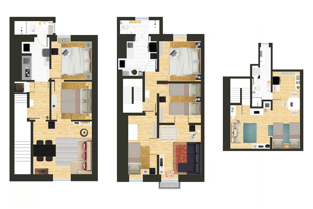 Floorplan for the 3 apartments: first floor, second floor and studio