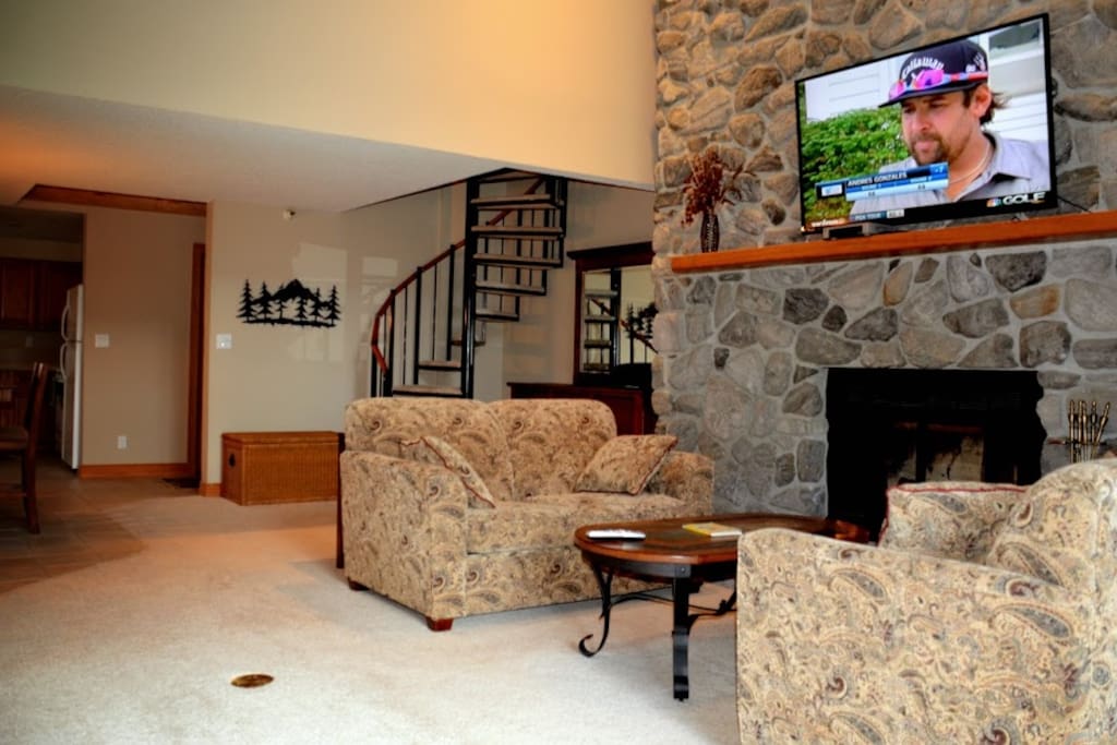 Fireplace and TV.