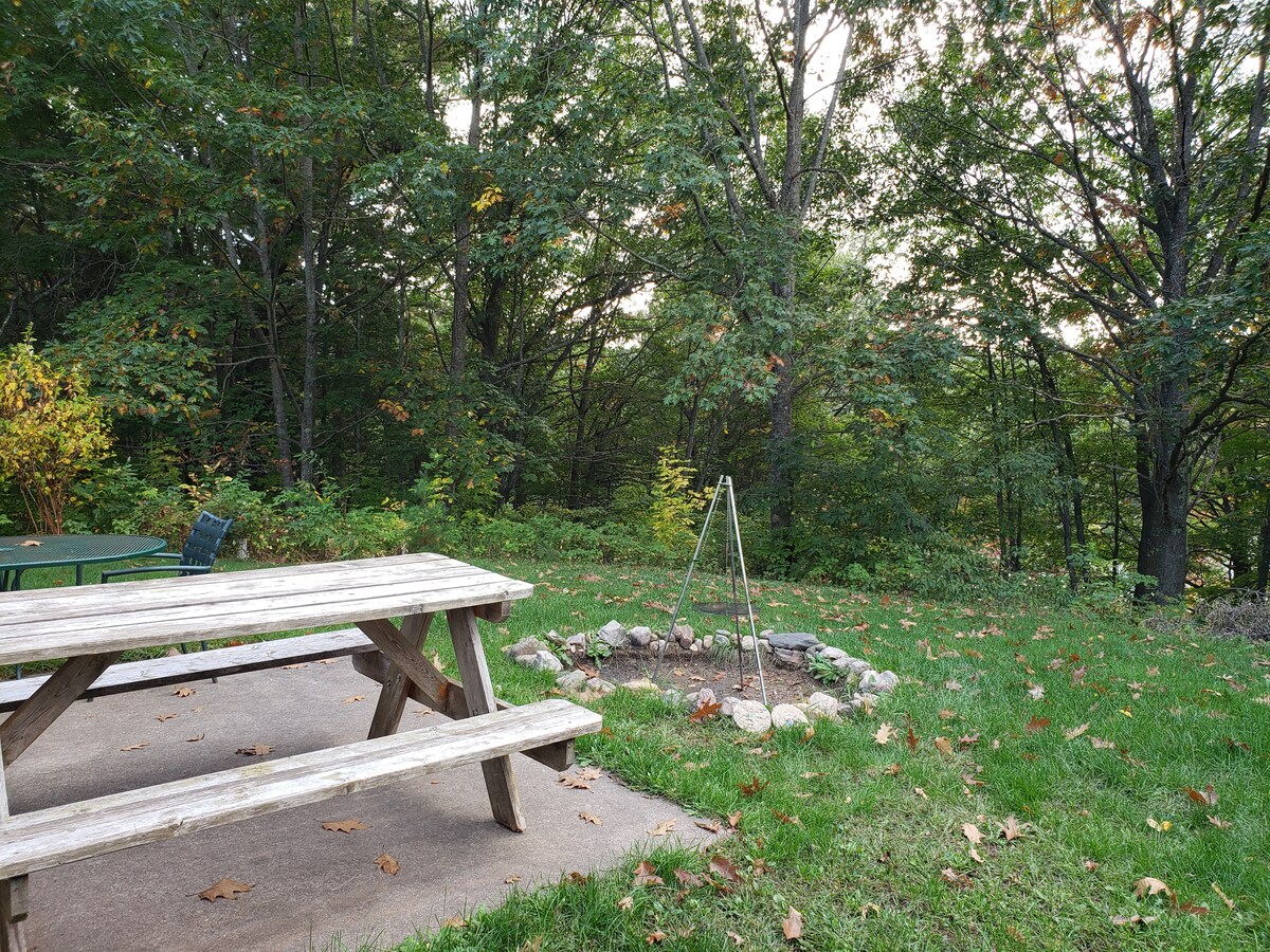 An outdoor space features a wooden picnic table beside a gravel fire pit, surrounded by natural stones. Lush greenery from trees and shrubs fills the background, providing a peaceful retreat.