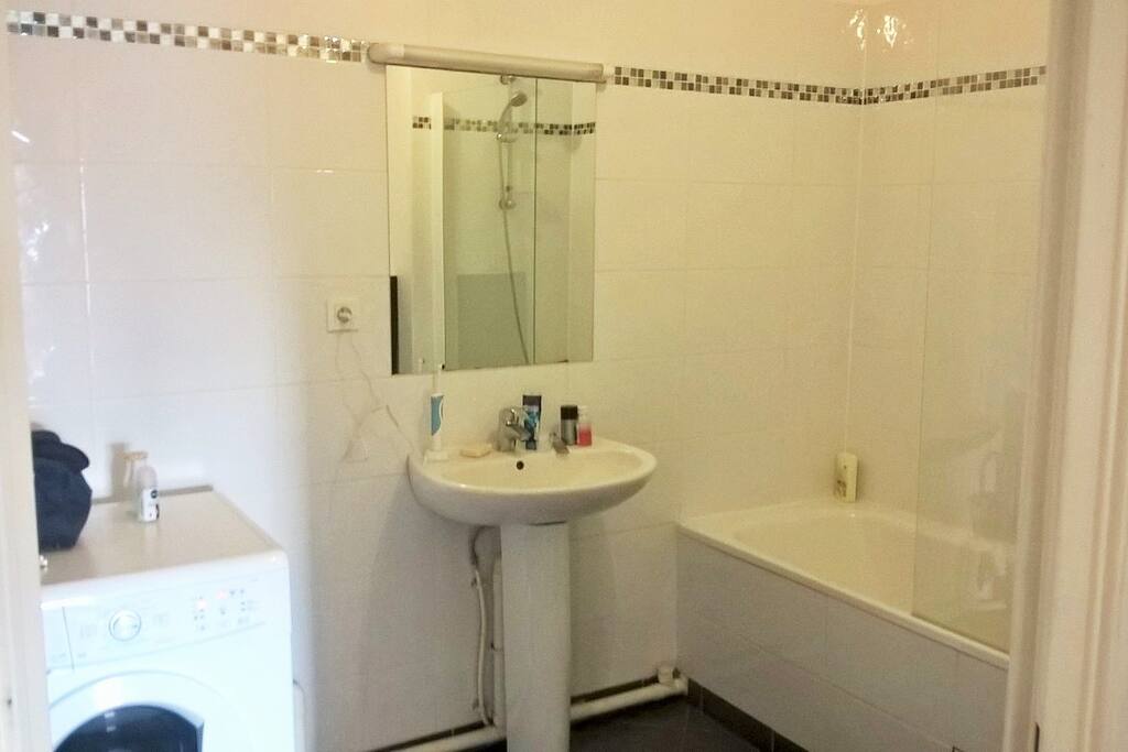 salle de bain avec baignoire, équipée d'une machine à laver
