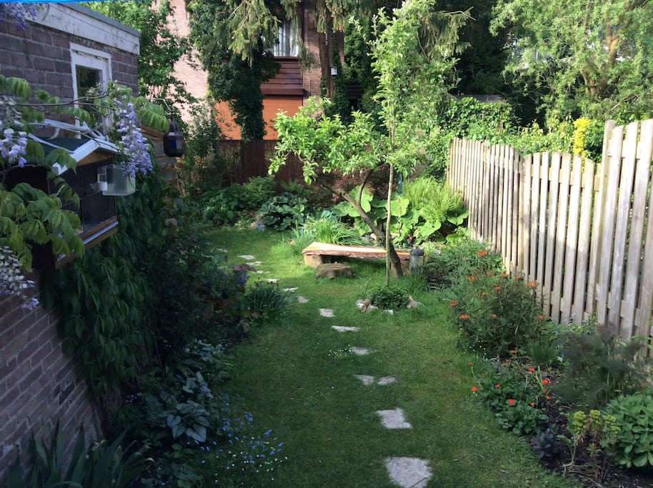 Groene, rustige mooi aangelegde tuin op het zuiden