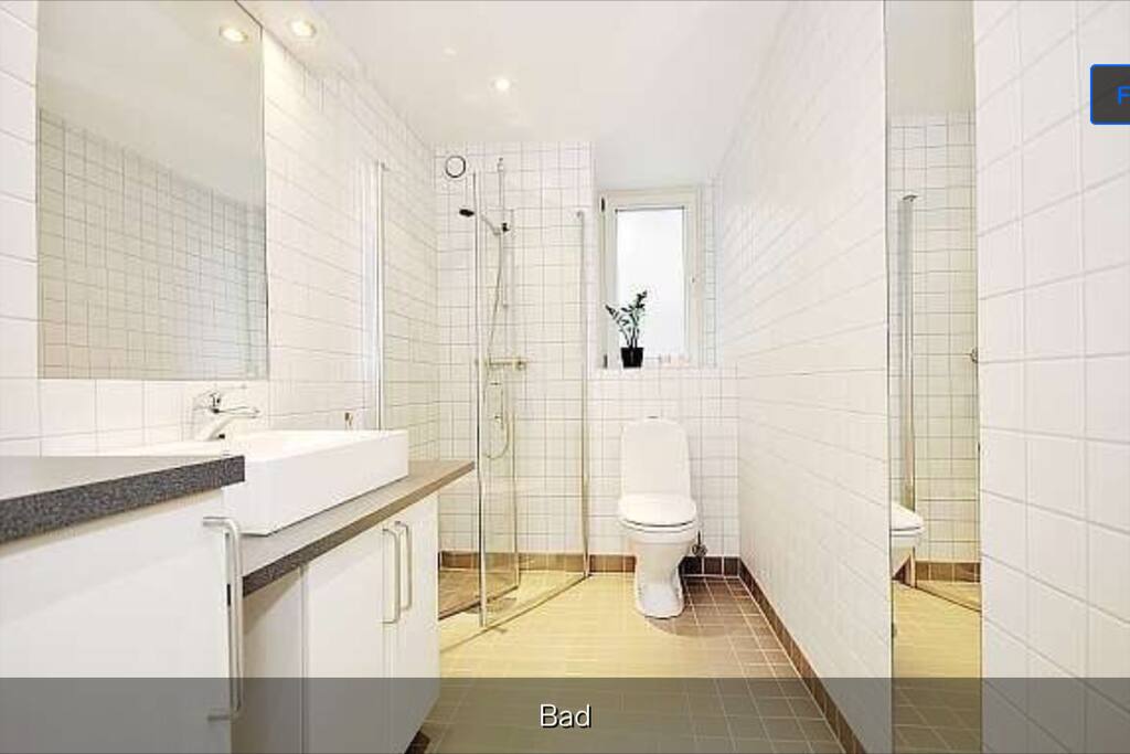 Nice bathroom with heated floors and washing machine.