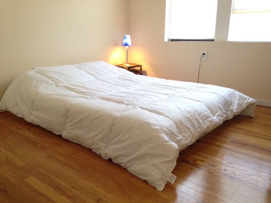 Queen size bed on the floor