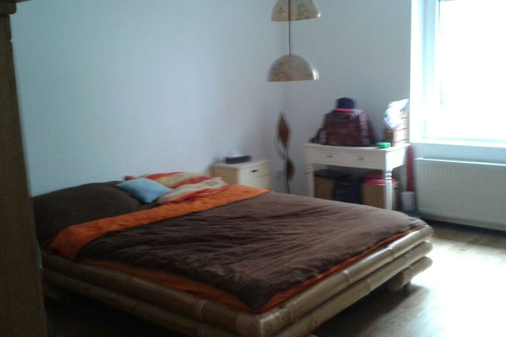 Bequemes Bett mit Fenster im Zimmer und Steckdosen.