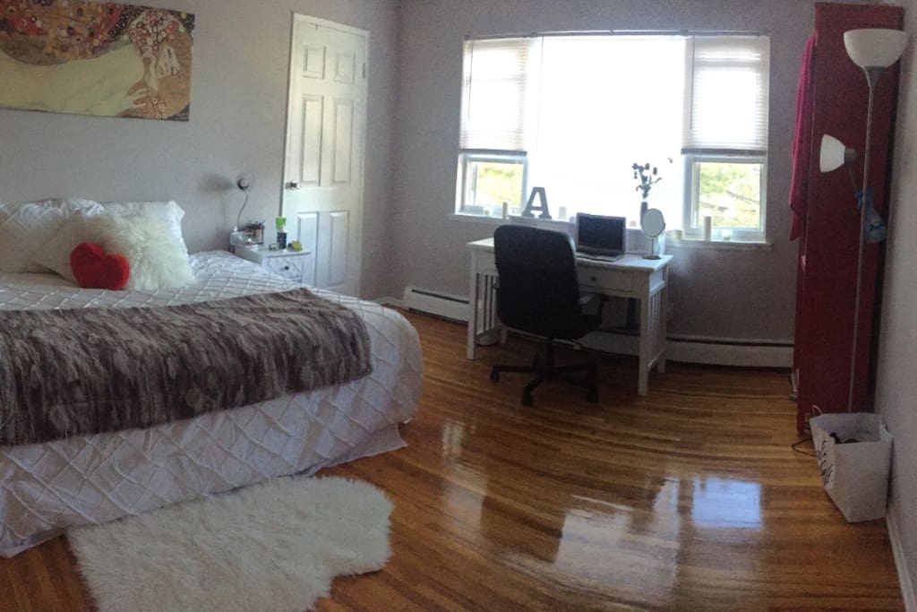 One of our beautiful spacious room with a queen size bed and a desk.