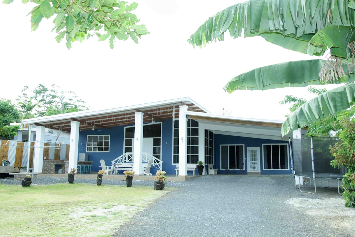 The exterior of the villa is highlighted by a spacious design, featuring large windows and a unique blue color. A gravel driveway leads to the entrance, surrounded by lush greenery and well-maintained landscaping. A covered porch offers a welcoming entryway.