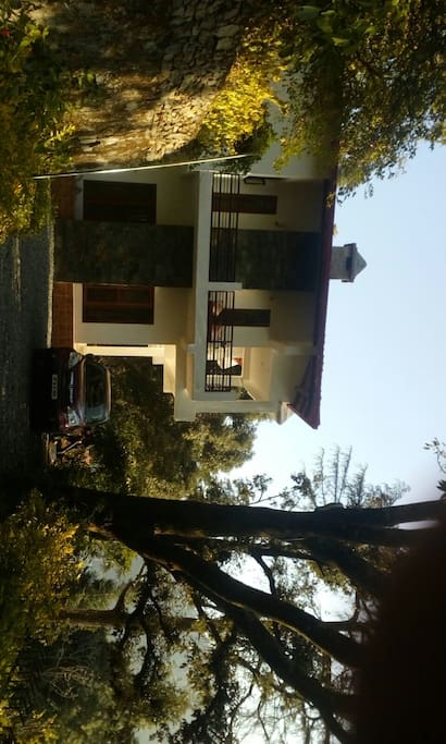 The house is surrounded by trees. This is the side view and the entrance and you can also see the stone fireplace.