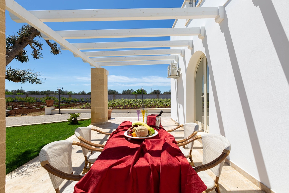 An outdoor dining area is presented on a patio, featuring a rectangular table covered with a red tablecloth. Surrounding chairs offer seating for four. Lush green grass and a view of a vineyard can be seen in the background under a clear blue sky.