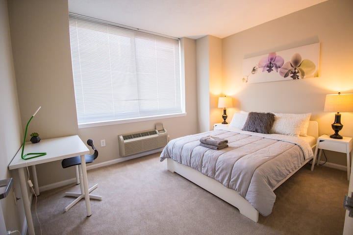Queen size bed, writing desk and closet