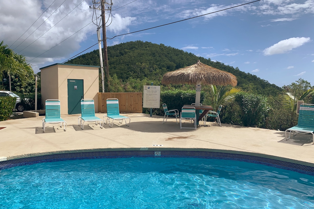 A pool area is highlighted with a clear blue swimming pool surrounded by lounge chairs. A thatched umbrella provides shade over a nearby picnic table. Lush greenery and a hillside form the backdrop, while a nearby building contains signage and utility features.