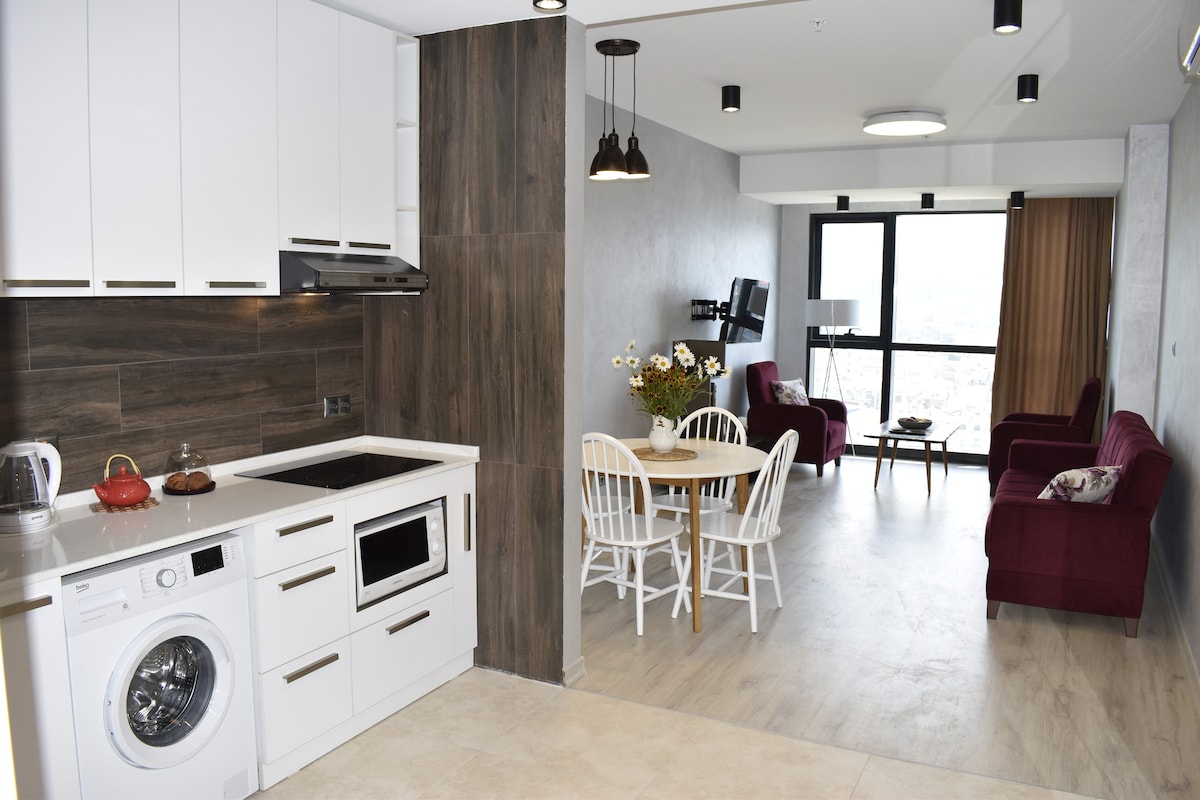 A modern open-concept living space features a well-equipped kitchen with a washing machine, microwave, and stove. A dining area with white chairs surrounds a wooden table. Comfortable seating is provided by red armchairs in the adjacent lounge, illuminated by natural light from large windows.