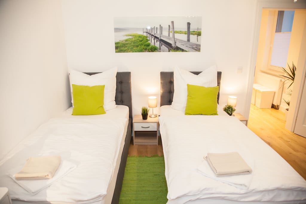 3d bedroom, "Green", beds like 2 single beds.