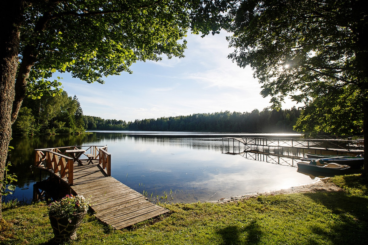 A tranquil lake view is framed by lush trees and greenery. A wooden dock extends towards the calm water, with a small flower pot placed at its base. In the background, a boathouse structure is visible, alongside kayaks resting on the shore.