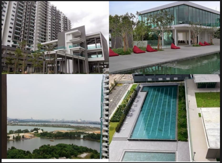 (Top right) Sky lounge, (bottom right) pool.