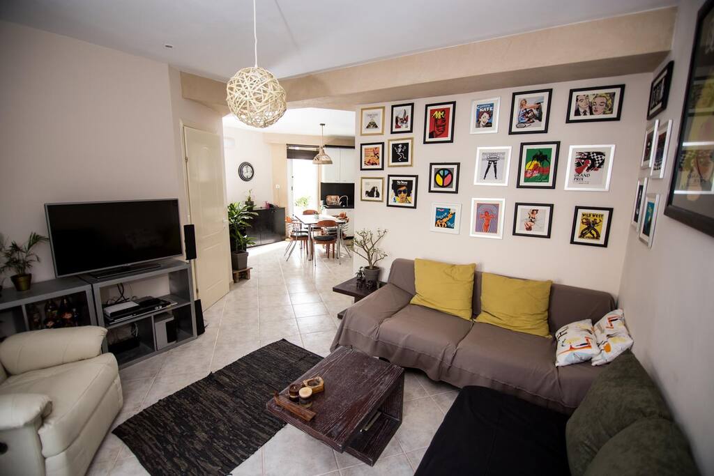 Living Room with big Smart TV and Stereo Sound System