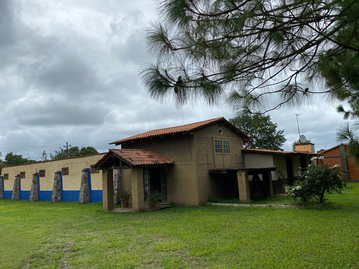 A spacious outdoor view of a rustic property featuring a two-story cabin with a terracotta roof and wooden accents. Surrounding areas are landscaped with lush green grass and tall pine trees. The structure's exterior displays a combination of earthy tones and blue accents.